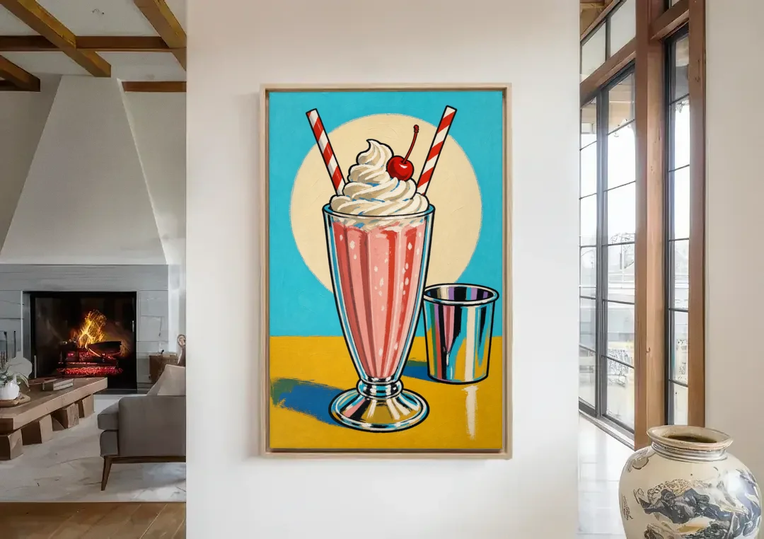 Milkshake Painting with Cherry and Chrome Cup canvas wall art in a living room with a fireplace