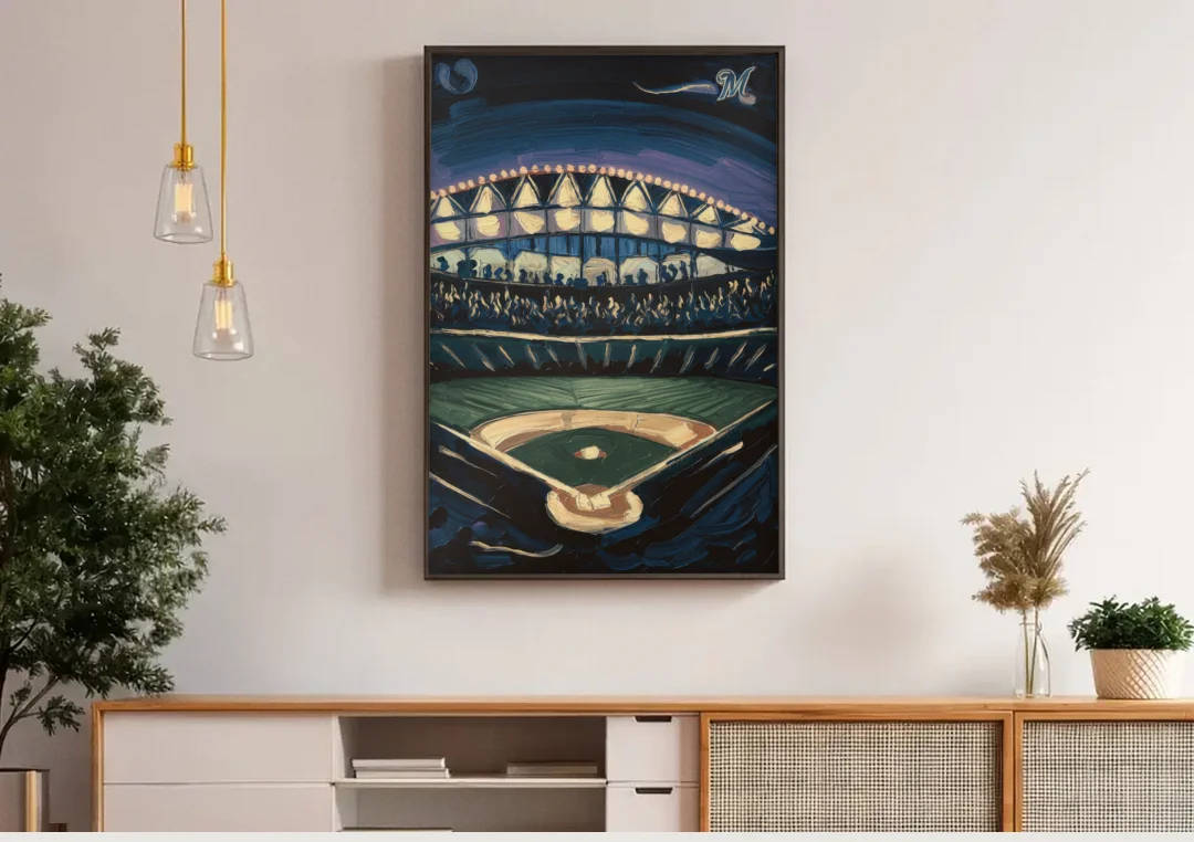 Milwaukee Brewers Celebration canvas wall art above a wooden sideboard under pendant lights