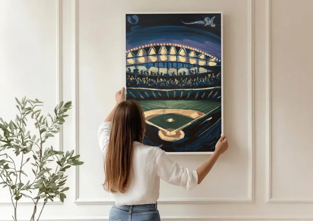 Milwaukee Brewers Celebration canvas wall art being hung on a paneled wall