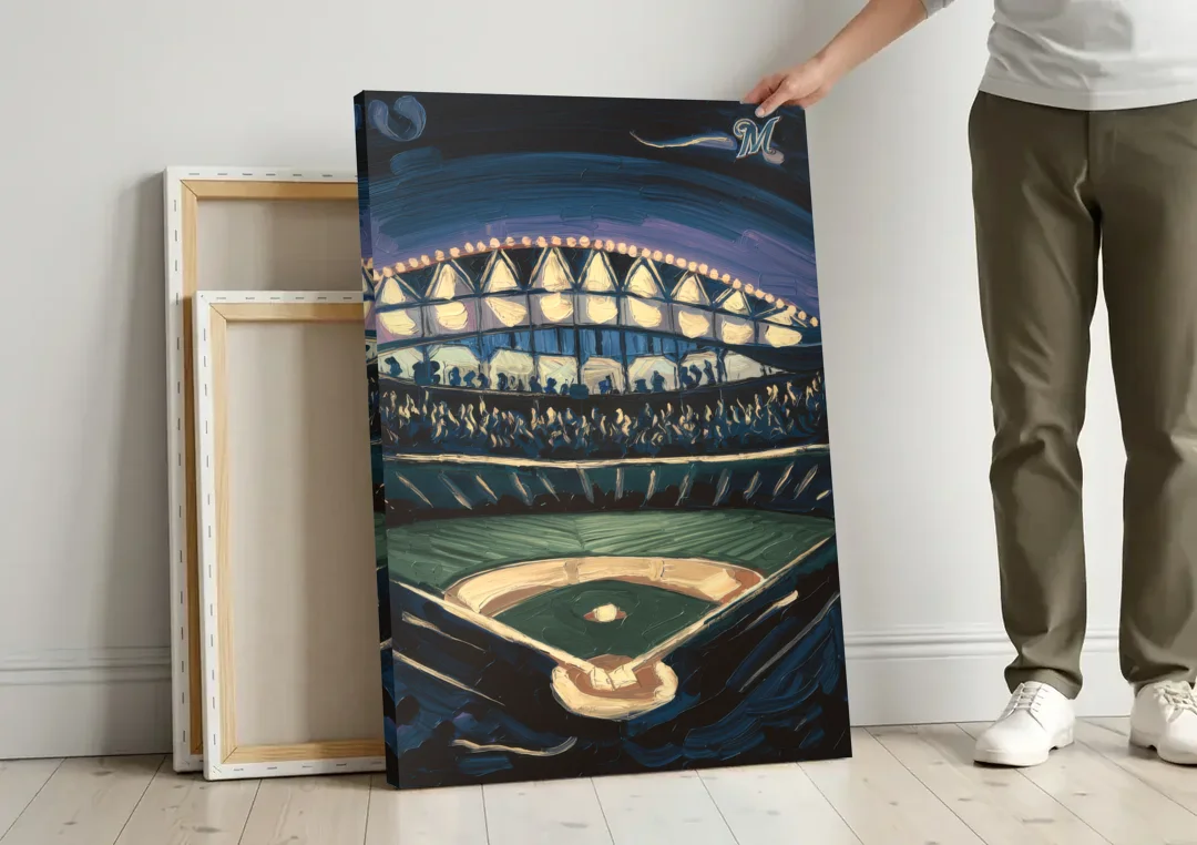 Milwaukee Brewers Celebration canvas wall art leaning against a wall next to blank canvases