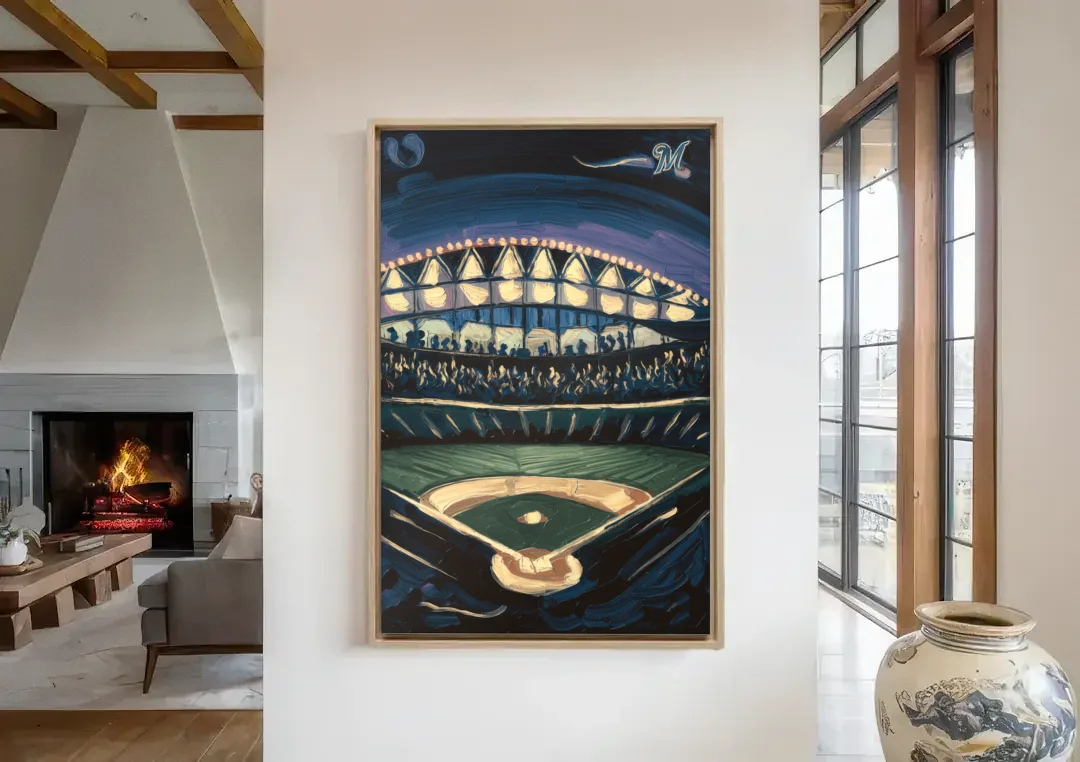 Milwaukee Brewers Celebration canvas wall art in a living room with a fireplace