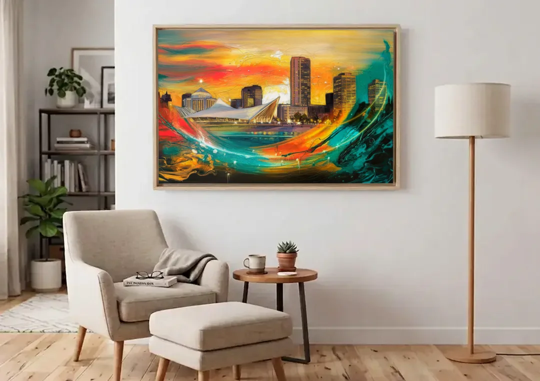 Milwaukee Festival Spirit canvas wall art above an armchair in a bright living room