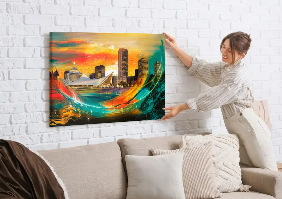 Milwaukee Festival Spirit canvas wall art being hung on a white brick wall above a sofa