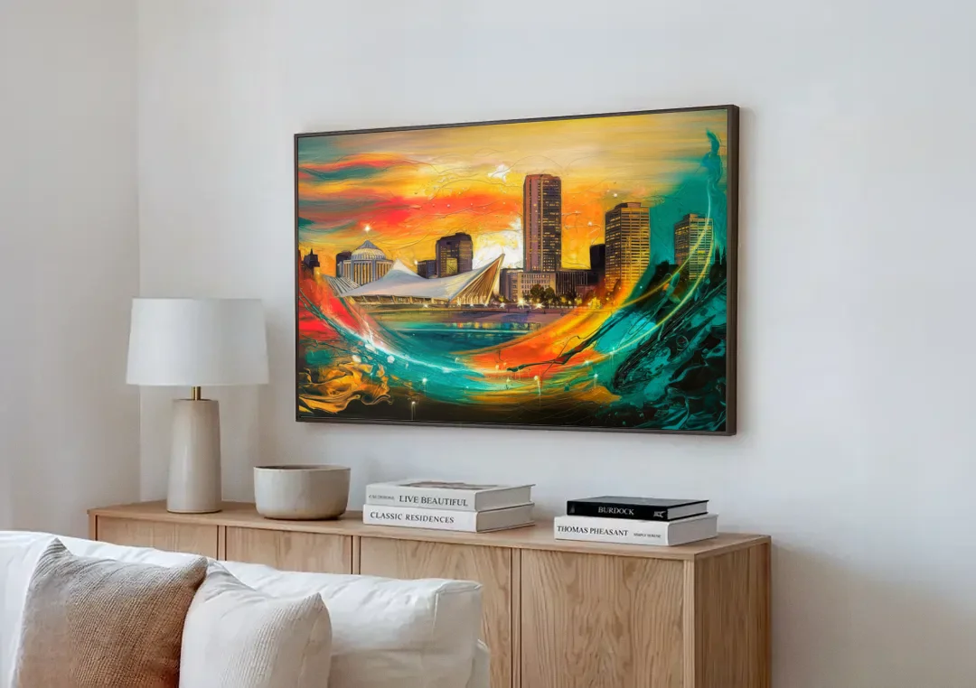 Milwaukee Festival Spirit canvas wall art above a wooden sideboard next to a sofa
