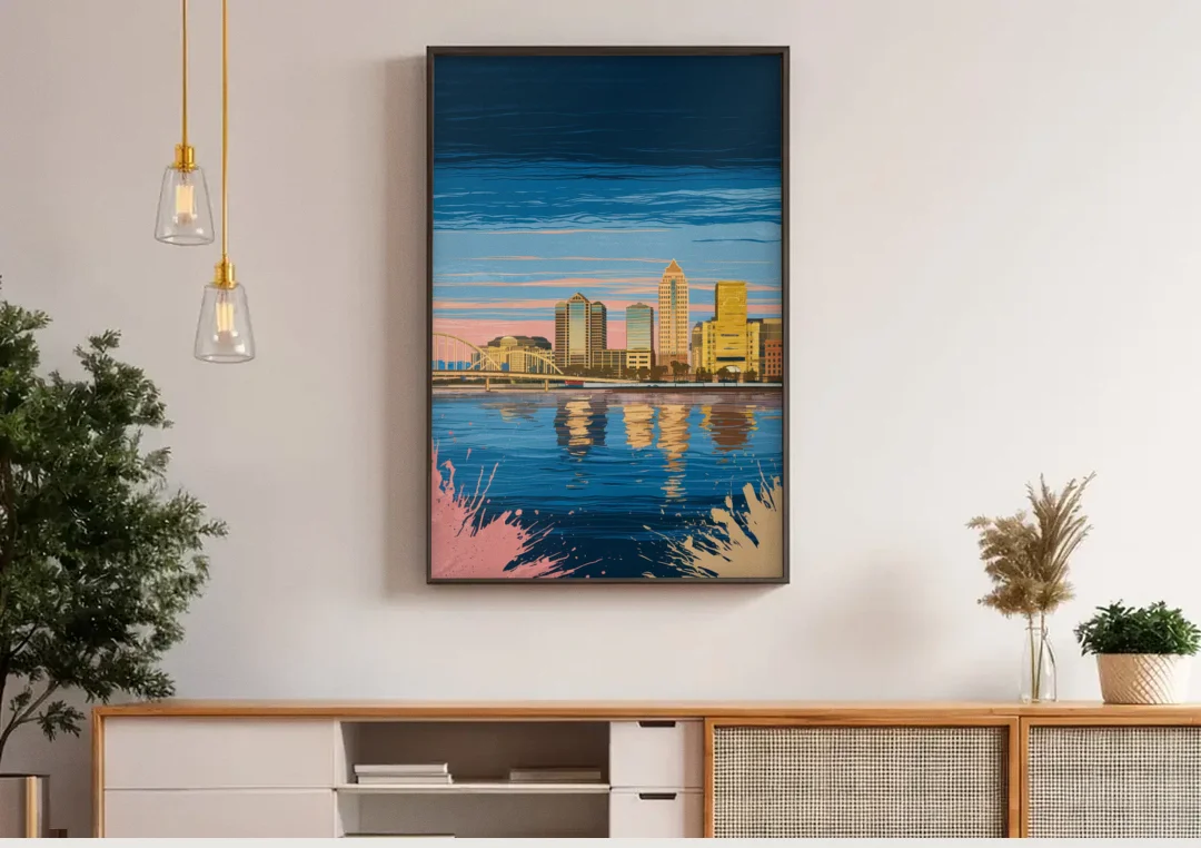 Milwaukee Wisconsin Charm canvas wall art above a wooden sideboard under pendant lights