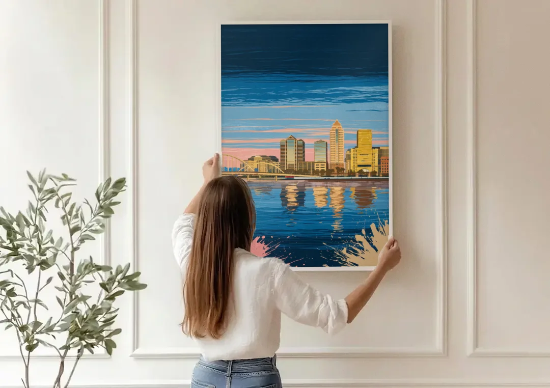 Milwaukee Wisconsin Charm canvas wall art being hung on a paneled wall