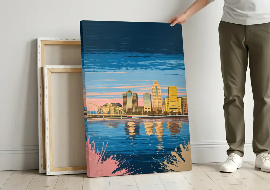 Milwaukee Wisconsin Charm canvas wall art leaning against a wall next to blank canvases