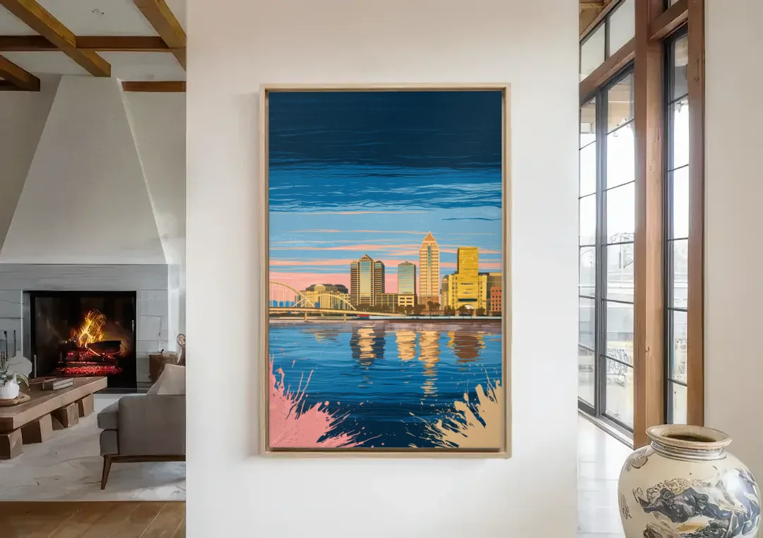 Milwaukee Wisconsin Charm canvas wall art in a living room with a fireplace
