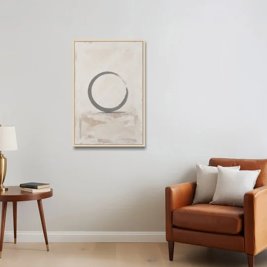Minimal Wall Art of an Open Graphite Circle - Oak Framed Canvas Wall Art - Sofa - 24x36