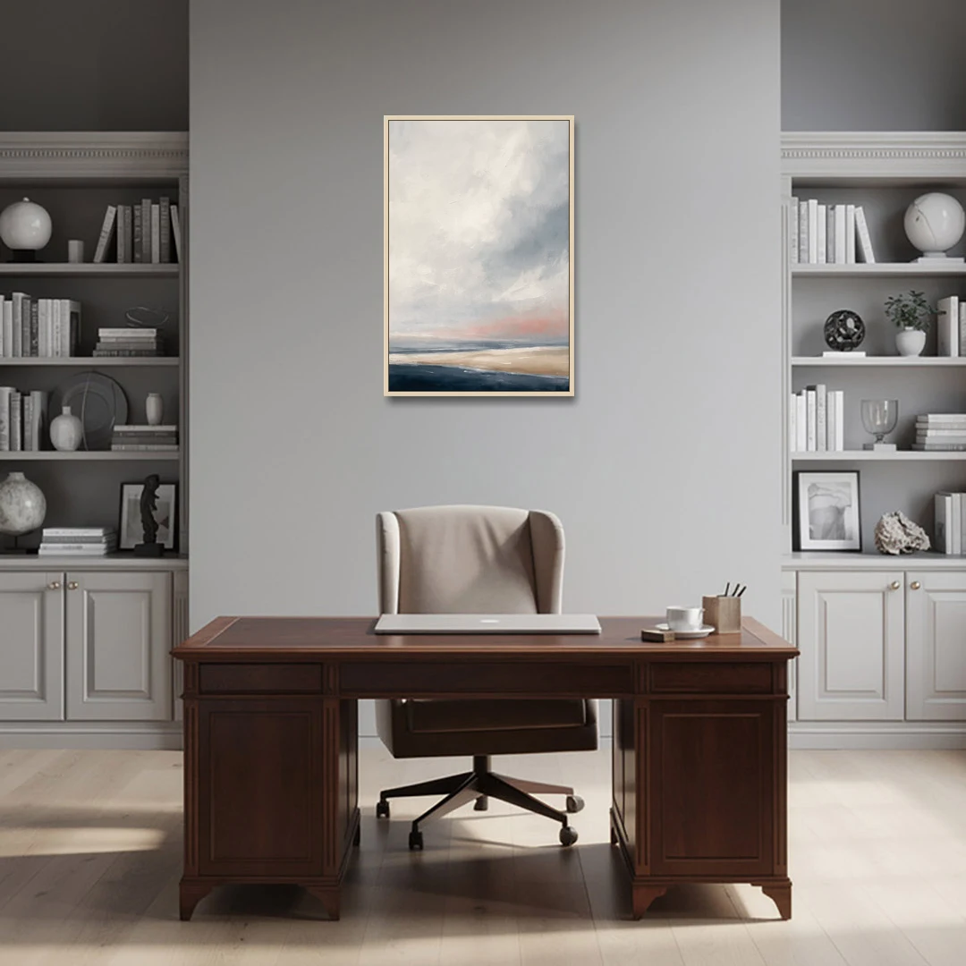 Minimalist Abstract Chalk Sky Over a Sandbar - Oak Framed Canvas Wall Art - Office - 24x36