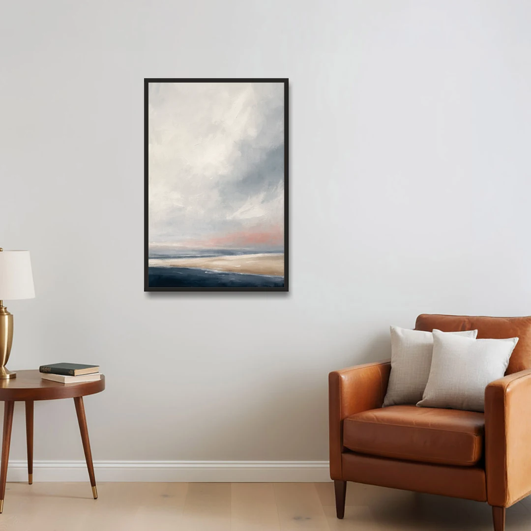 Minimalist Abstract Chalk Sky Over a Sandbar - Black Framed Canvas Wall Art - Sofa - 24x36