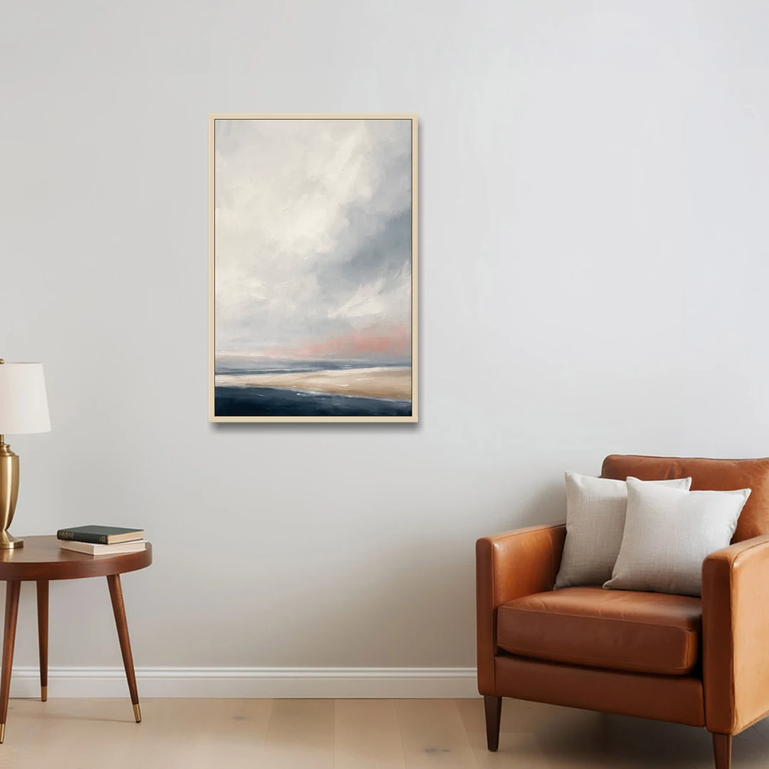 Minimalist Abstract Chalk Sky Over a Sandbar - Oak Framed Canvas Wall Art - Sofa - 24x36