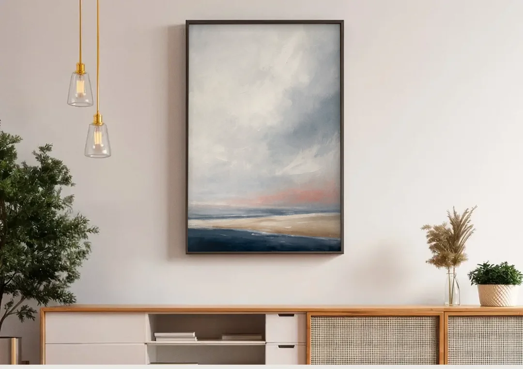 Minimalist Abstract Chalk Sky Over a Sandbar canvas wall art above a wooden sideboard under pendant lights