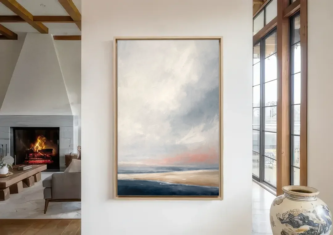 Minimalist Abstract Chalk Sky Over a Sandbar canvas wall art in a living room with a fireplace