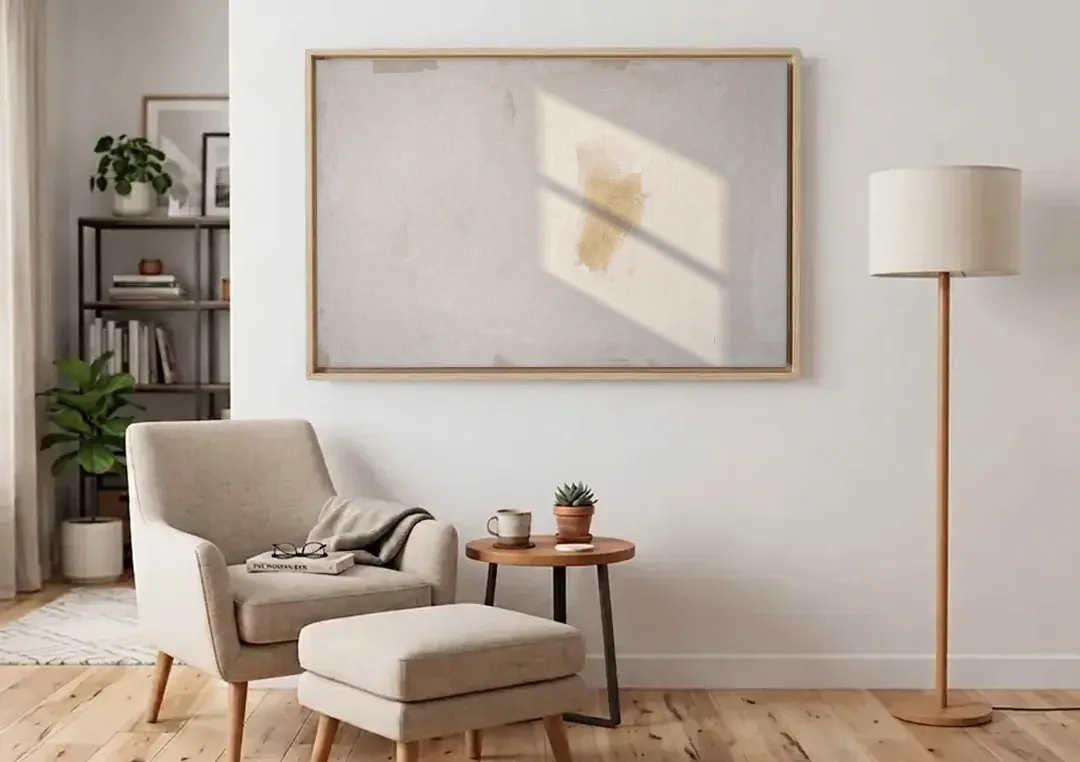 Minimalist Abstract Painting of Window Light canvas wall art above an armchair in a bright living room