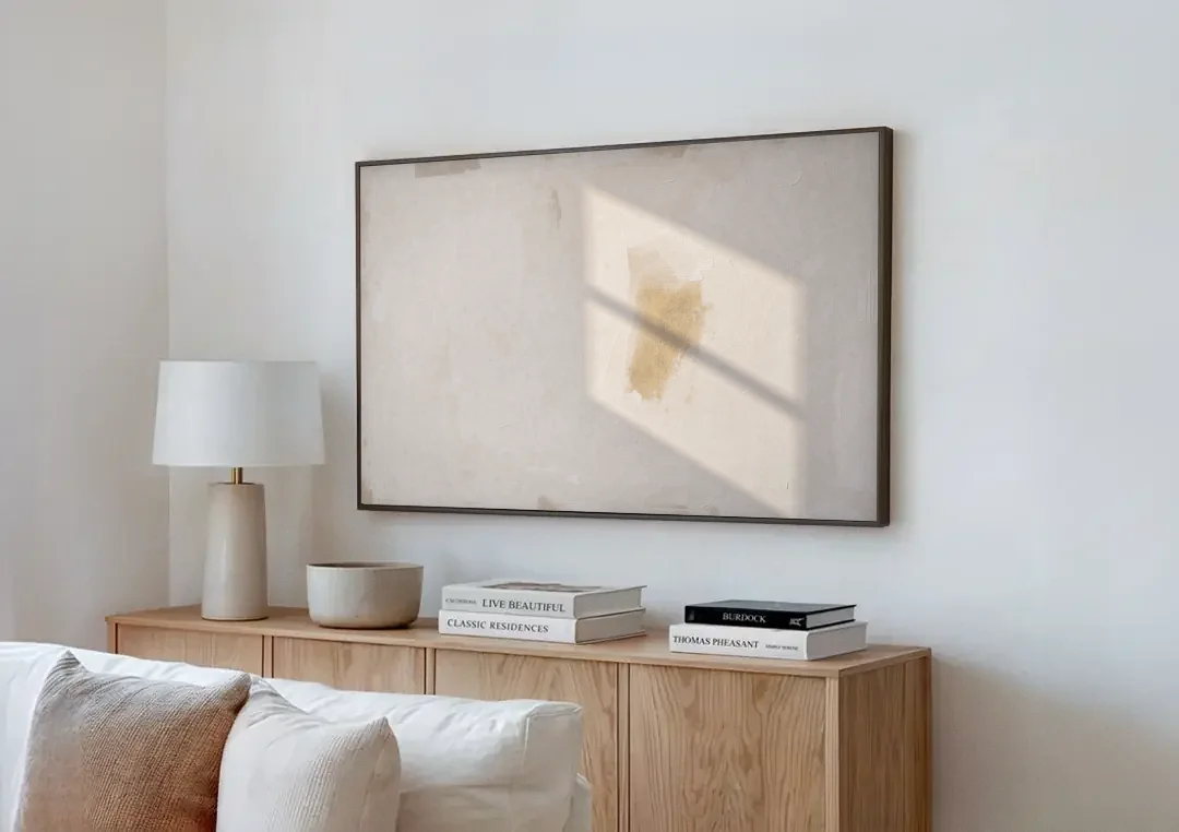 Minimalist Abstract Painting of Window Light canvas wall art above a wooden sideboard next to a sofa