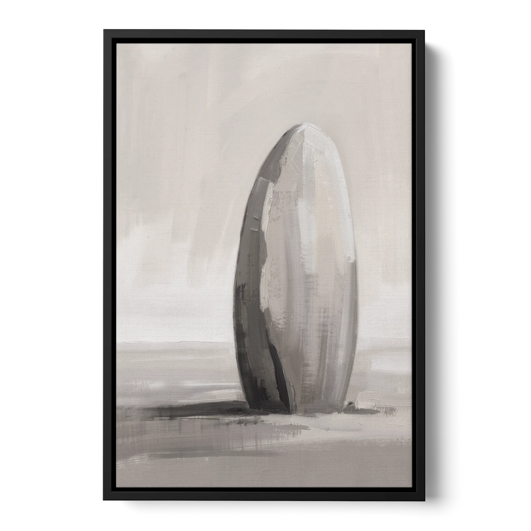 Minimalist Bedroom Standing Stone in Mist - Black Framed Canvas Wall Art - Front