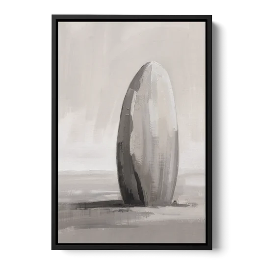 Minimalist Bedroom Standing Stone in Mist - Black Framed Canvas Wall Art - Front