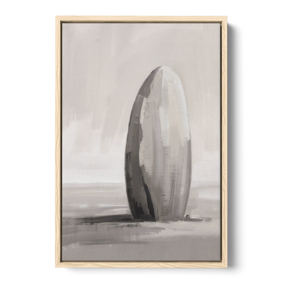 Minimalist Bedroom Standing Stone in Mist - Oak Framed Canvas Wall Art - Front