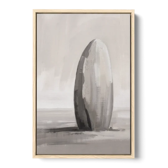 Minimalist Bedroom Standing Stone in Mist - Oak Framed Canvas Wall Art - Front