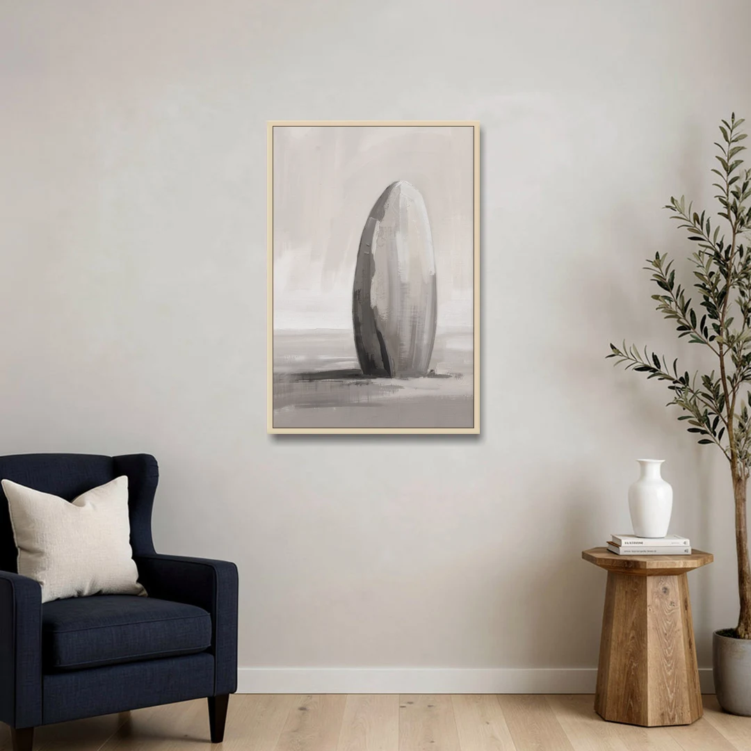 Minimalist Bedroom Standing Stone in Mist - Oak Framed Canvas Wall Art - Sofa - 24x36