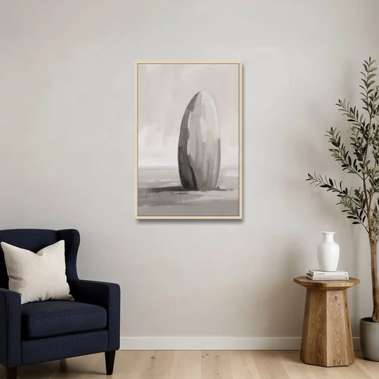 Minimalist Bedroom Standing Stone in Mist - Oak Framed Canvas Wall Art - Sofa - 24x36