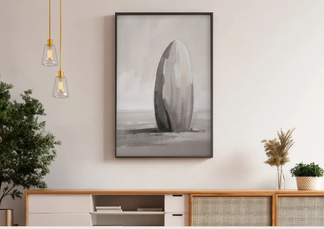 Minimalist Bedroom Standing Stone in Mist canvas wall art above a wooden sideboard under pendant lights