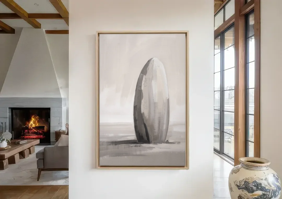Minimalist Bedroom Standing Stone in Mist canvas wall art in a living room with a fireplace