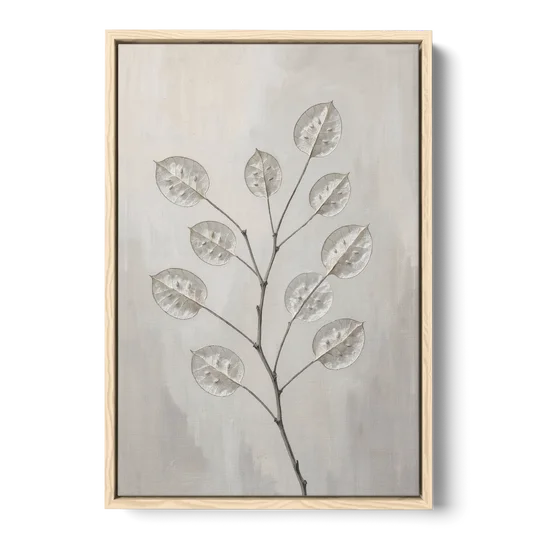 Minimalist Botanical Wall Art with Honesty Seed Pods - Oak Framed Canvas Wall Art - Front