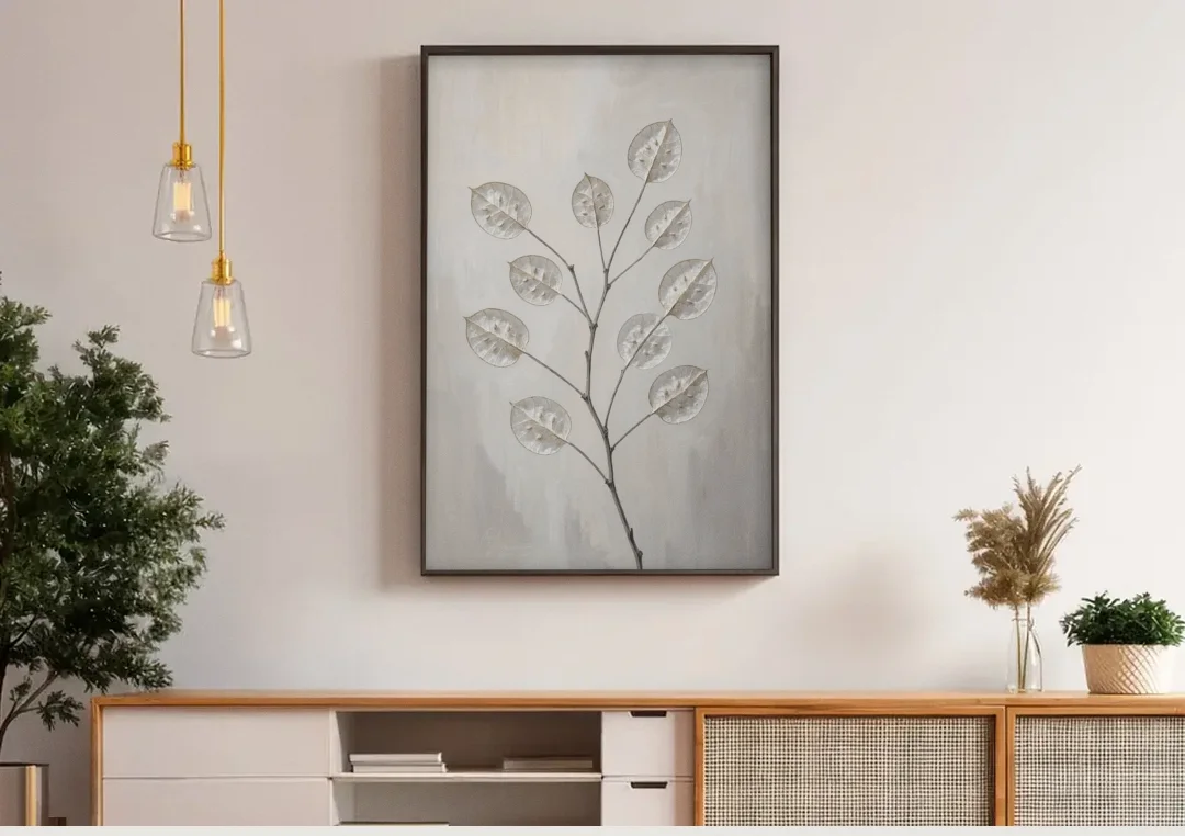 Minimalist Botanical Wall Art with Honesty Seed Pods canvas wall art above a wooden sideboard under pendant lights