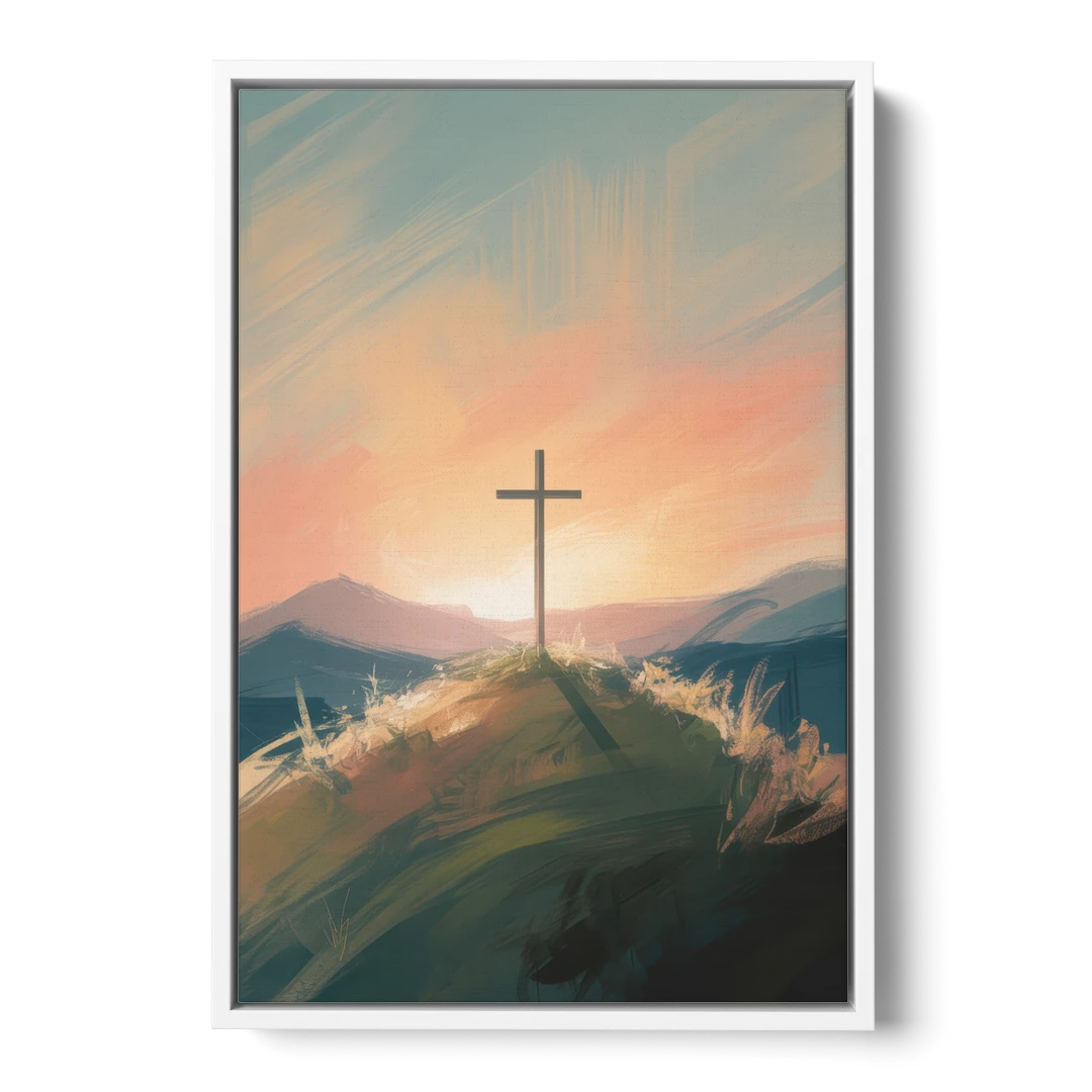 Minimalist Christian Cross on Hill - White Framed Canvas Wall Art - Front