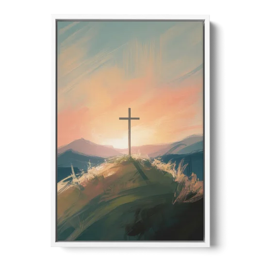 Minimalist Christian Cross on Hill - White Framed Canvas Wall Art - Front