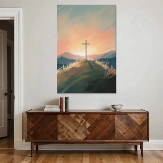 Minimalist Christian Cross on Hill - Canvas Wall Art - Coffee Table - 40x60