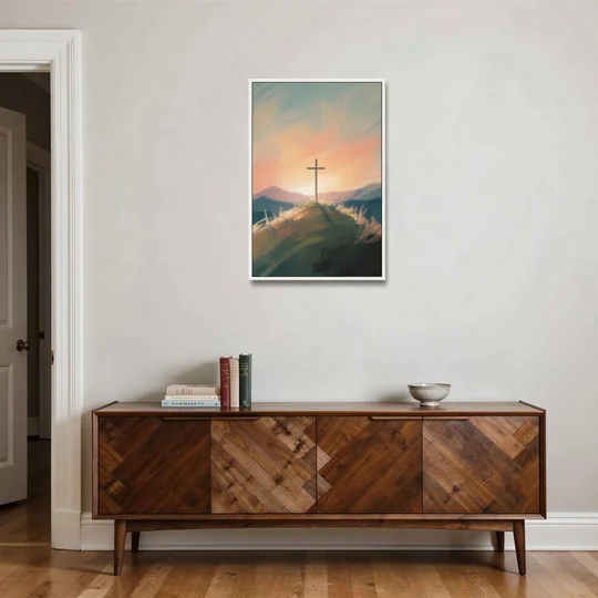 Minimalist Christian Cross on Hill - White Framed Canvas Wall Art - Coffee Table - 24x36