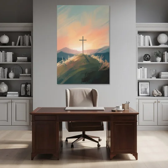 Minimalist Christian Cross on Hill - Canvas Wall Art - Office - 40x60