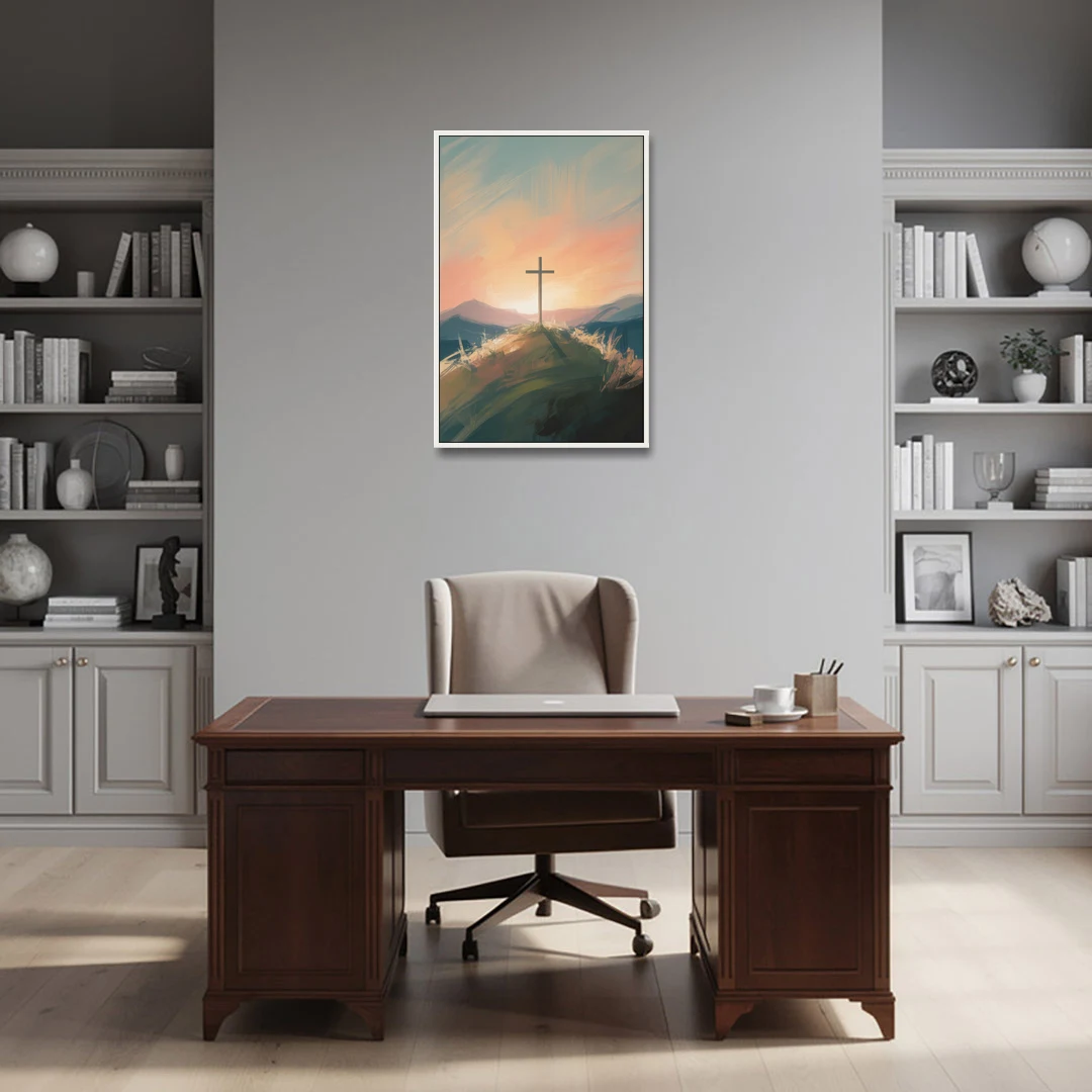 Minimalist Christian Cross on Hill - White Framed Canvas Wall Art - Office - 24x36
