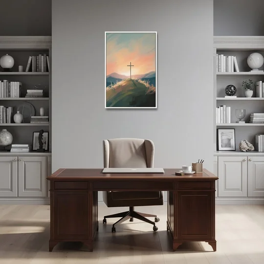Minimalist Christian Cross on Hill - White Framed Canvas Wall Art - Office - 24x36