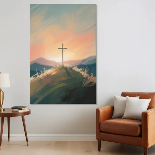 Minimalist Christian Cross on Hill - Canvas Wall Art - Sofa - 40x60