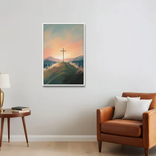 Minimalist Christian Cross on Hill - White Framed Canvas Wall Art - Sofa - 24x36