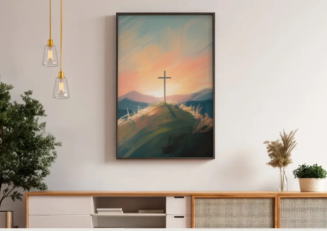 Minimalist Christian Cross on Hill canvas wall art above a wooden sideboard under pendant lights