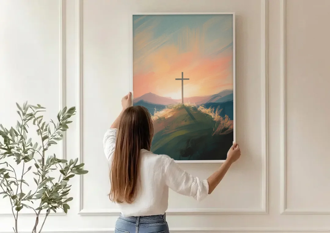Minimalist Christian Cross on Hill canvas wall art being hung on a paneled wall