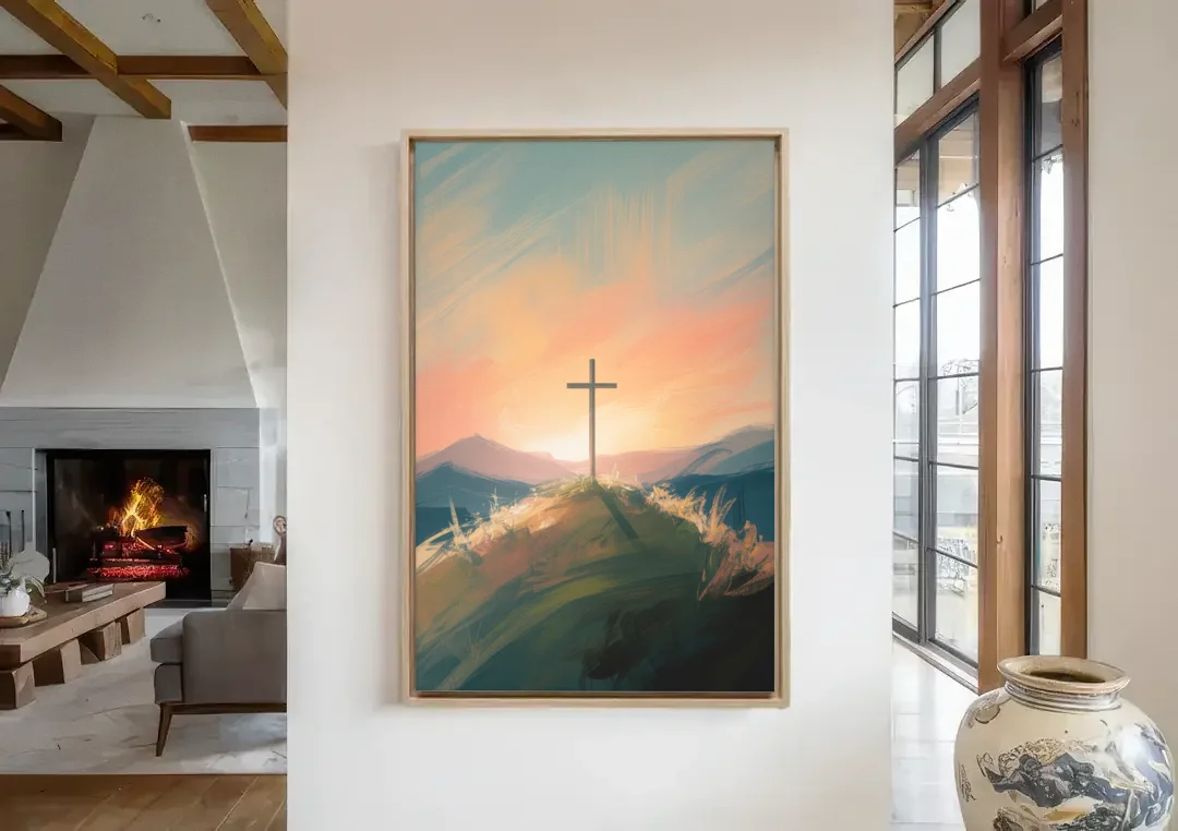Minimalist Christian Cross on Hill canvas wall art in a living room with a fireplace