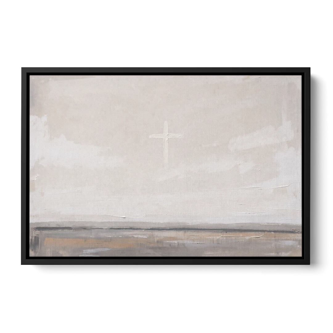 Minimalist Christian Wall Art with a Misty Cross - Black Framed Canvas Wall Art - Front