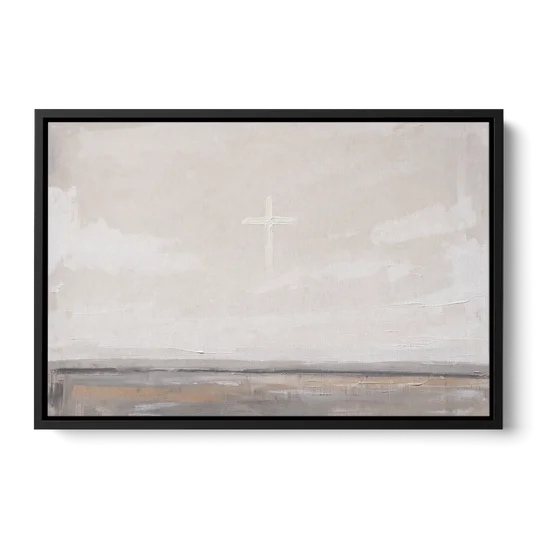 Minimalist Christian Wall Art with a Misty Cross - Black Framed Canvas Wall Art - Front