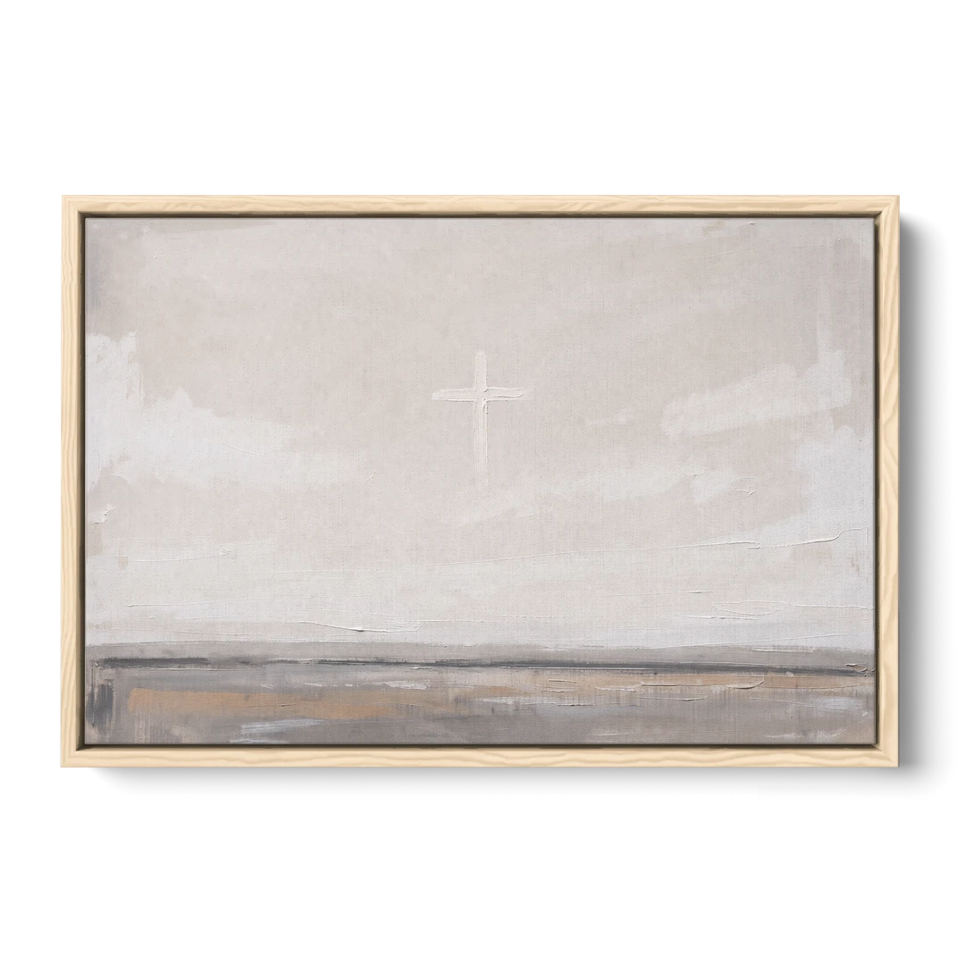 Minimalist Christian Wall Art with a Misty Cross - Oak Framed Canvas Wall Art - Front