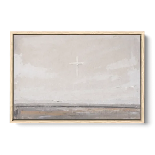 Minimalist Christian Wall Art with a Misty Cross - Oak Framed Canvas Wall Art - Front
