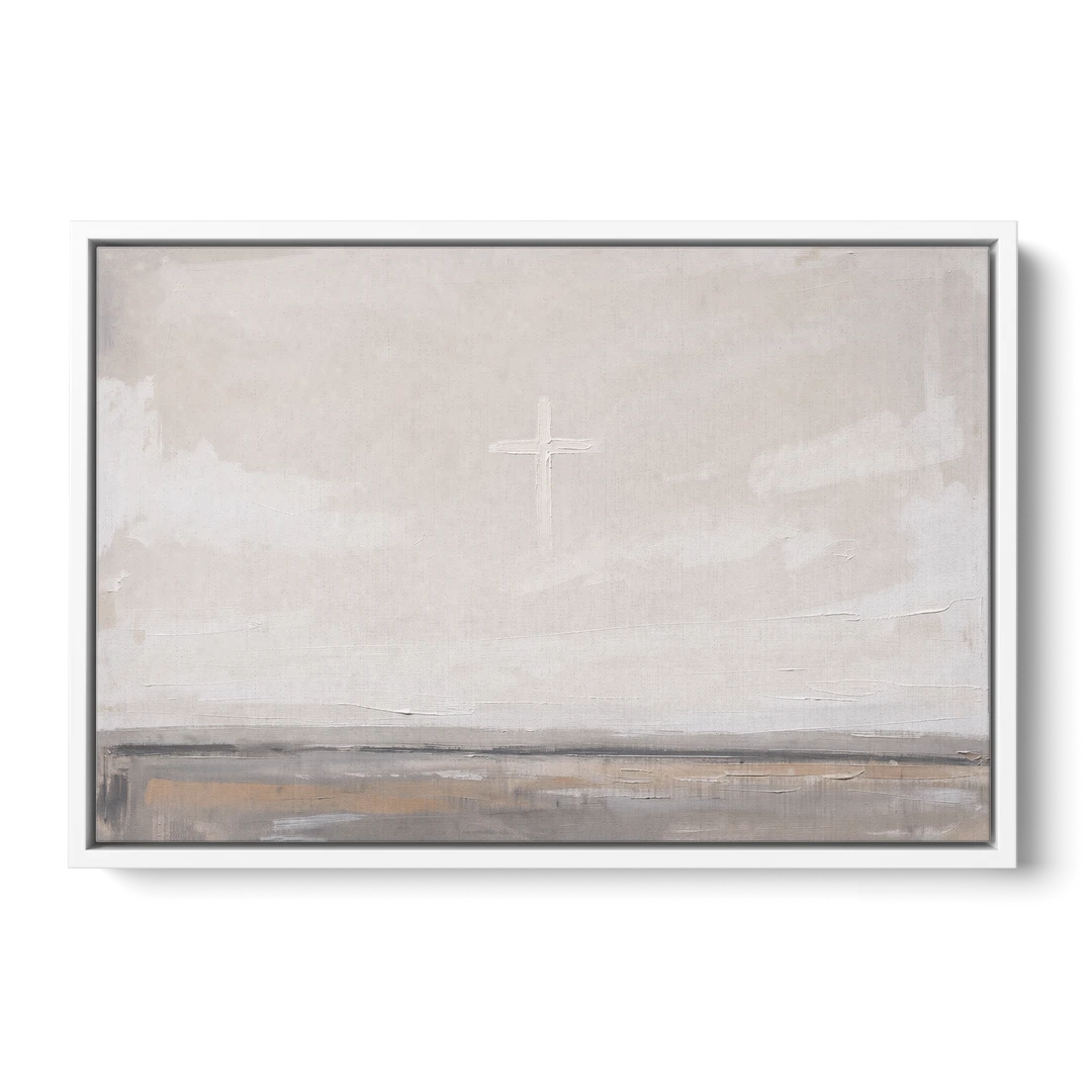Minimalist Christian Wall Art with a Misty Cross - White Framed Canvas Wall Art - Front