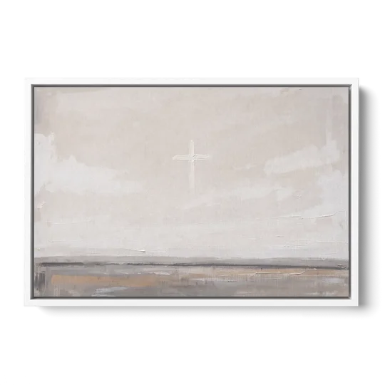 Minimalist Christian Wall Art with a Misty Cross - White Framed Canvas Wall Art - Front