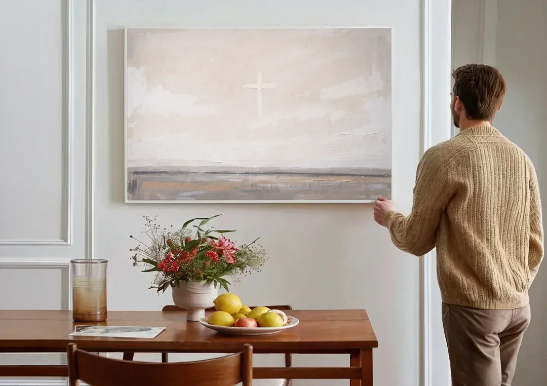 Minimalist Christian Wall Art with a Misty Cross canvas wall art above a dining table
