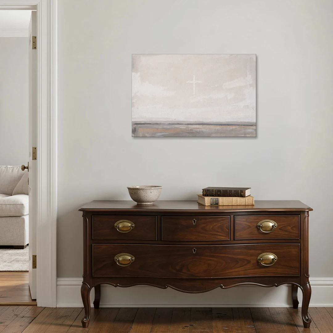 Minimalist Christian Wall Art with a Misty Cross - Canvas Wall Art - Coffee Table - 36x24